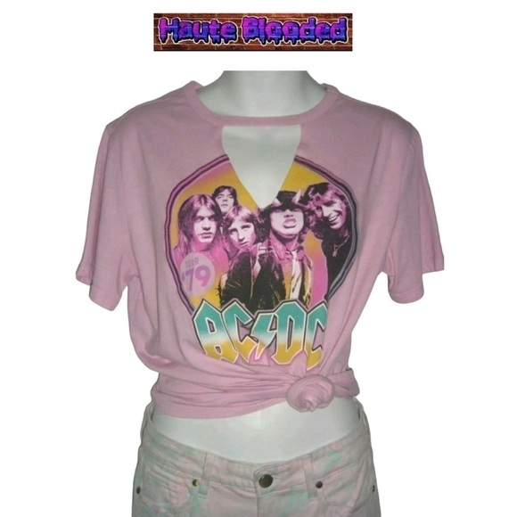 ACDC Pink Tee Shirt Cut Neck Pastel Music Fest Festival Concert Tour Band Merch - Picture 1 of 6